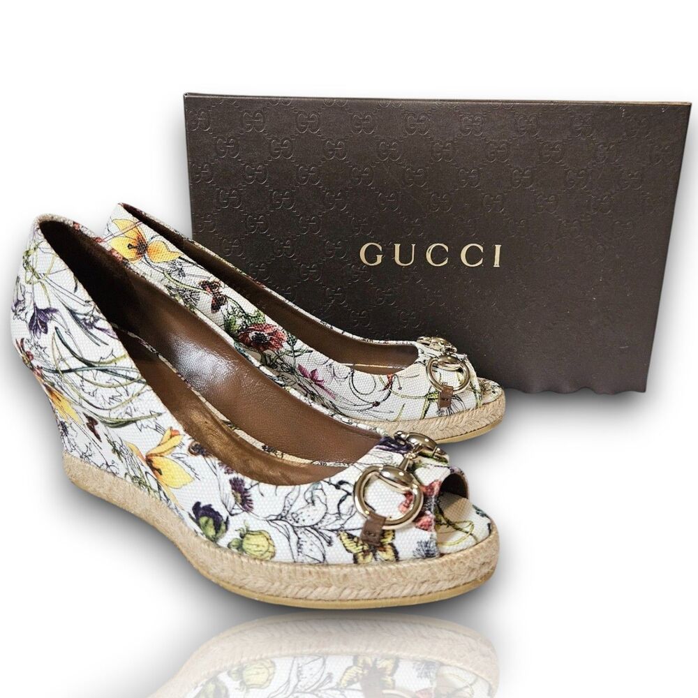 Gucci Flora Horsebit Canvas Espadrille Peep Toe Wedges Size EU 36 / US 5.5